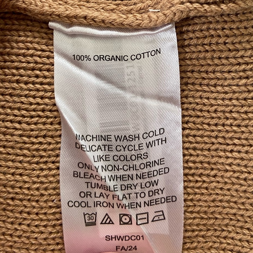 Quince Organic Cotton Cropped Cardigan Sweater Camel Brown Faux Horn Button Sz M - Picture 14 of 16